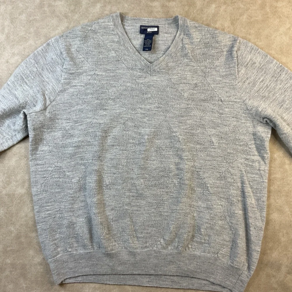 Banana Republic Sweater Men Sz 2XL 100% Merino Wool Argyle Detail Pullover Grey